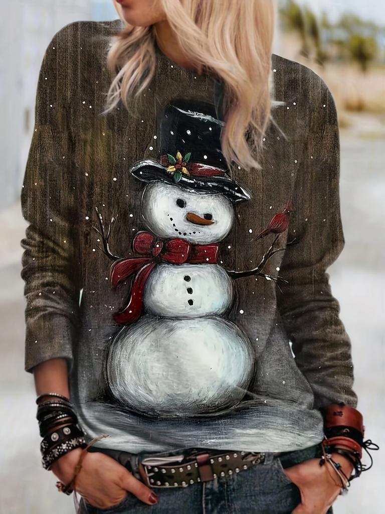 Christmas ladies' casual, seasonal clothing: Snowman printed round-neck long-sleeved loose top, basic T-shirts for spring and autumn