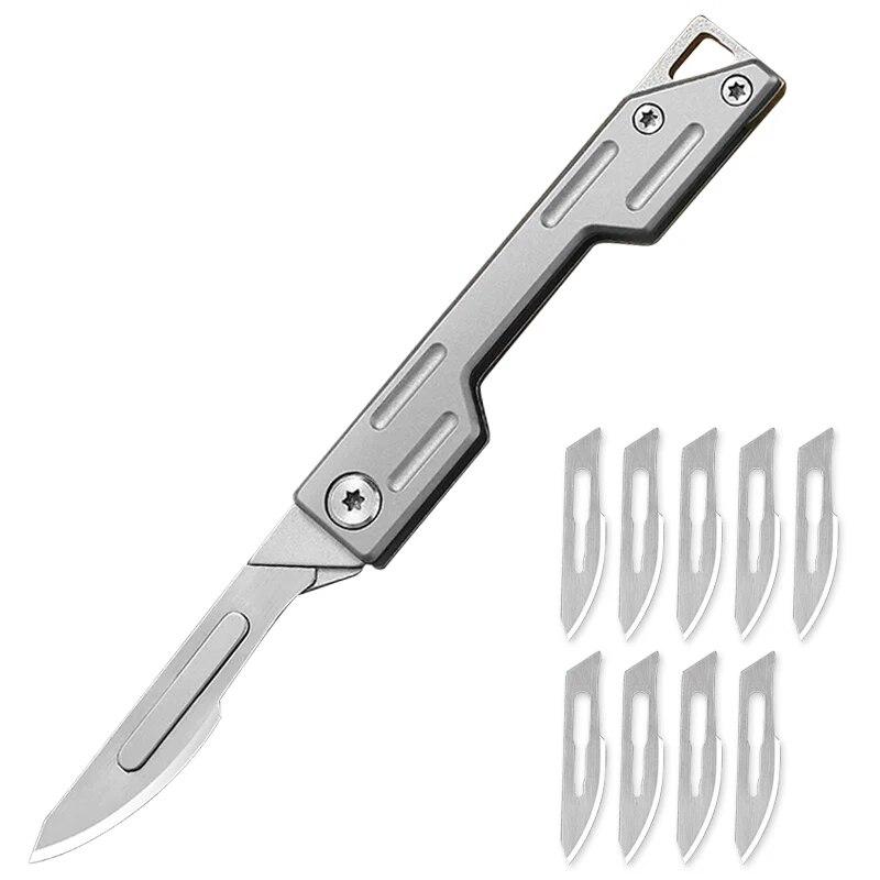 Folding Knife Stainless Steel Pocket Knife with 9 Disposable Blades Sharp Hobby Knife Craft Knife Kit
