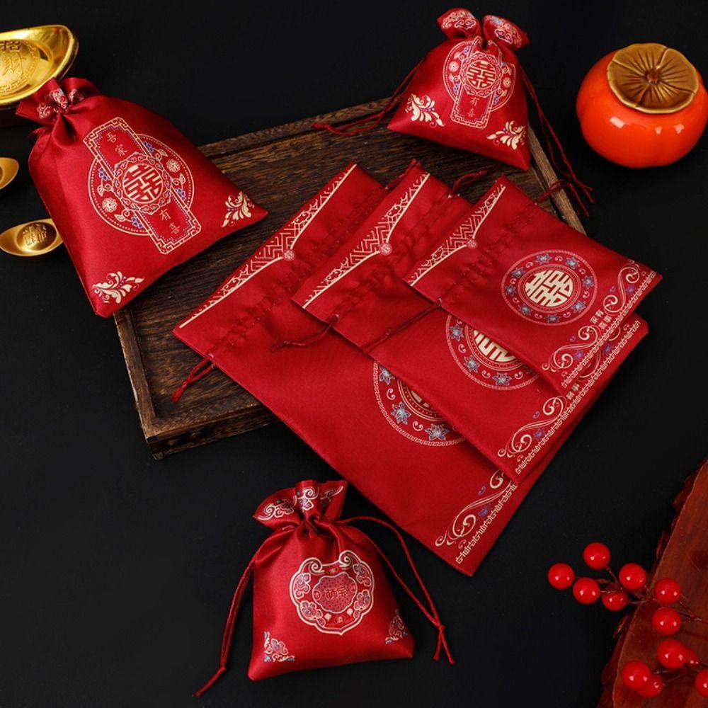 10pcs Chinese Style Drawstring Bag Cloth Gift Packing Bag Tote Bag Festive Sugar Bag  Engagement