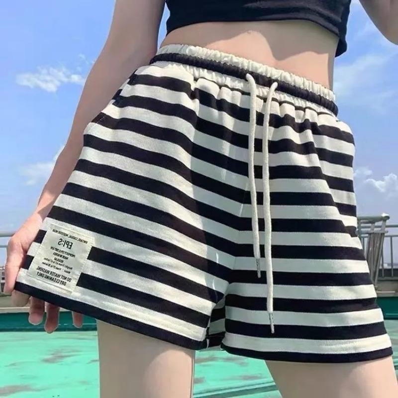 Black  White Striped Casual Home Shorts Women s Summer Patch Elastic High Waist Loose Versatile Wide-leg Pants All-match Summer Casual Striped Shorts S