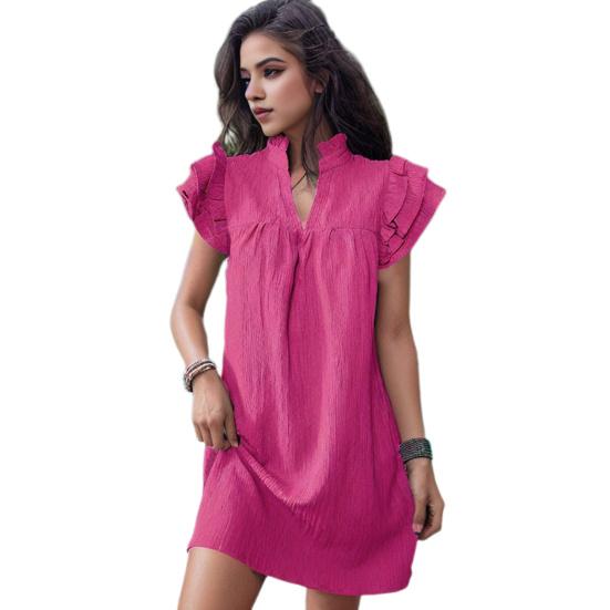Lady Dress Shirring Stand Collar Ruffle Short Sleeves V Neck Loose Solid Color Pleated Straight Soft