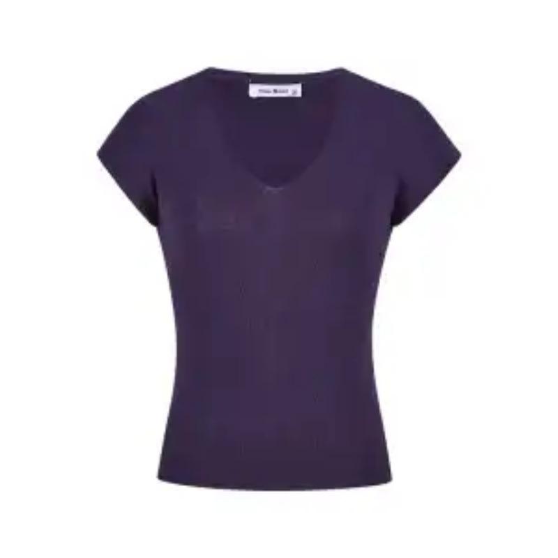 Women's V-Neck Knit Top Ribbed Fabric with Cap Sleeves Slim Fit