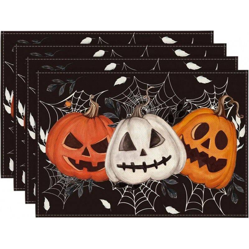 4PCS Halloween Table Placemats 30*45cm Linen Ghost Festival Atmosphere Table Mat Bat Pumpkin Spider Web Dining Table Decorations