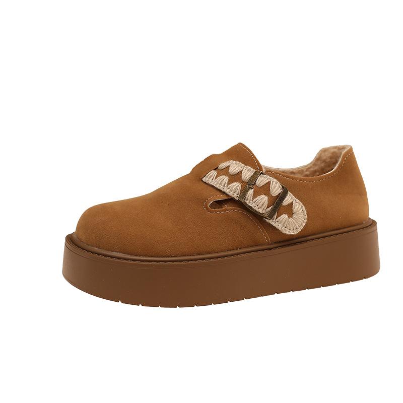Platform Cotton Shoes Women's Shoes Winter New Velvet Warm Matte Casual Versatile Student Lace One-word Buckle Belt