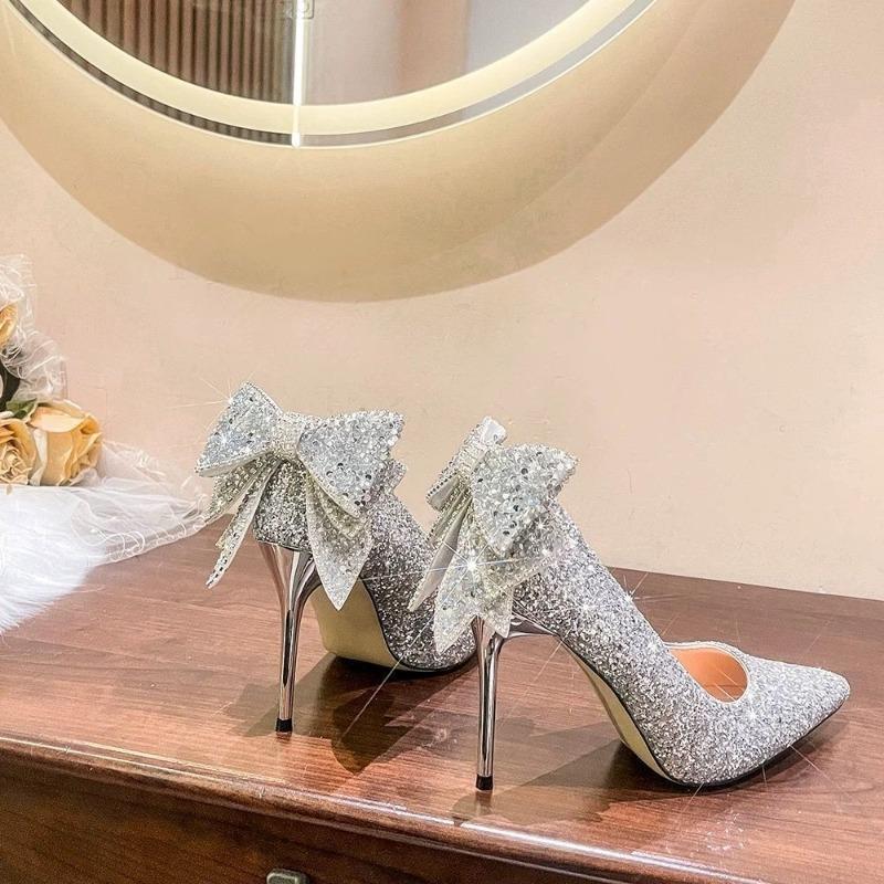 Silver high heels women's autumn, winter, spring and autumn new wedding shoes rhinestone bow sweet fairy crystal shoes
