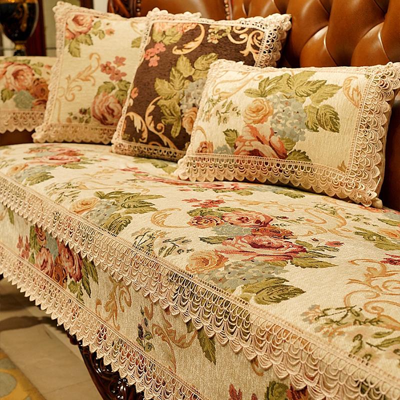 Europäischer Sofakissen mit Spitzensaum, für alle Jahreszeiten, universeller, rutschfester Jacquard-Schonbezug, moderne Wohndekoration, luxuriöser Sofabezug