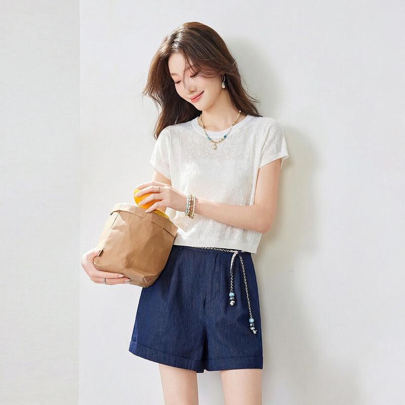 Srcr Women's Silk Blend Hollow Jacquard Knit Short Sleeve Top