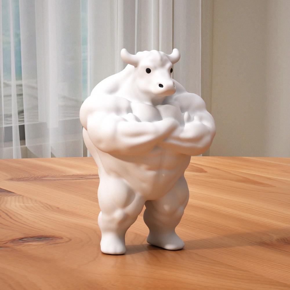 Creative Muscular Bull Sculpture with Crossed Arms, Whimsical Statue Home Office Desk Decor