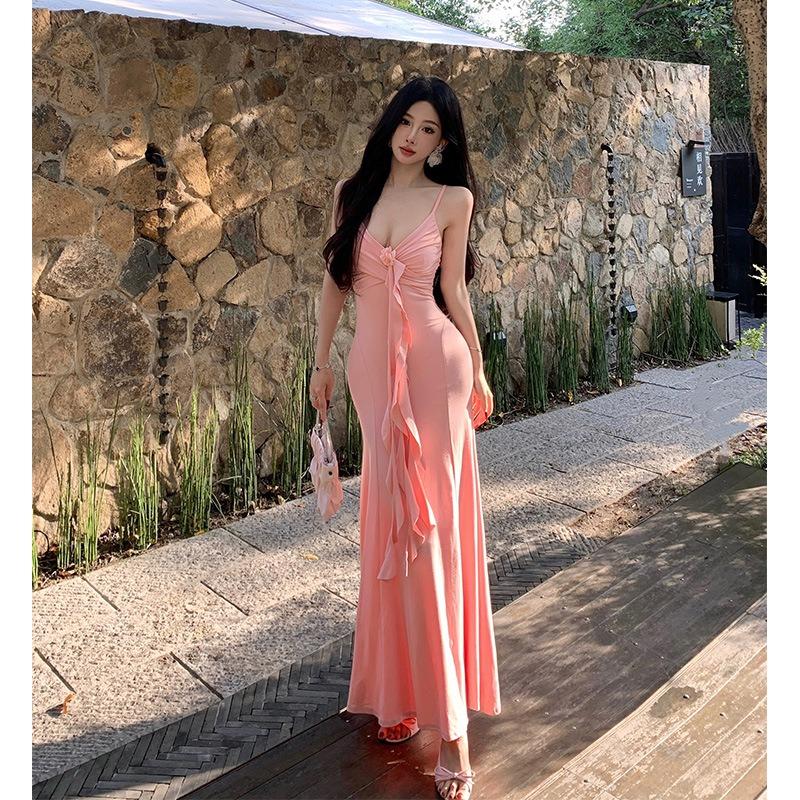 Sexy Royal Sister Collar Suspender Dress White Pink Waist Slim Sleeveless Hip Wrap Dress