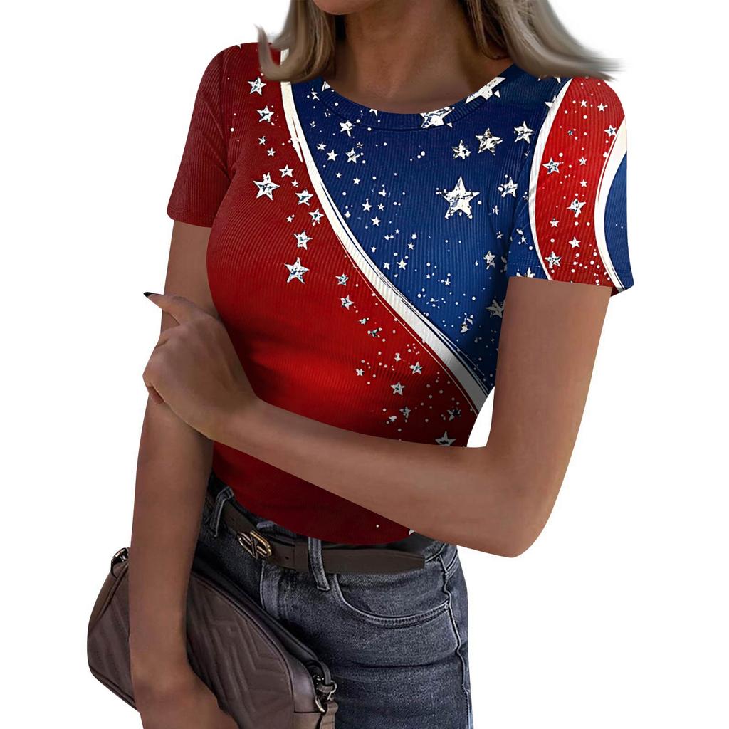 Women's Casual Fashion Round Neck Independence Day Print Short-Sleeve Ribbed Top
