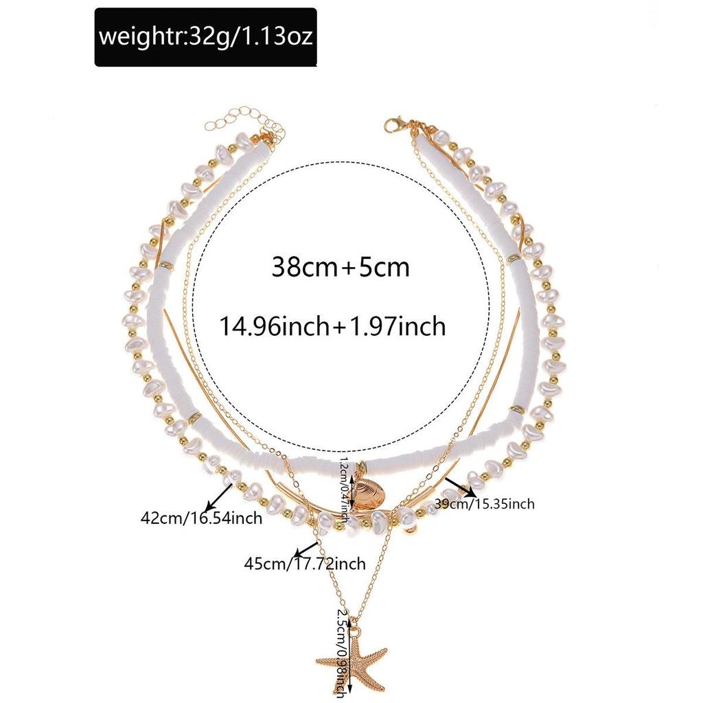 European & American Beach Style Starfish & Seashell Pendant Layered Necklace with Imitation Pearl Beads for Women