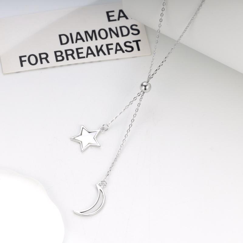 S925 Sterling Silver Moon and Stars Tassel Necklace - High-end, Trendy, Electroplated Design