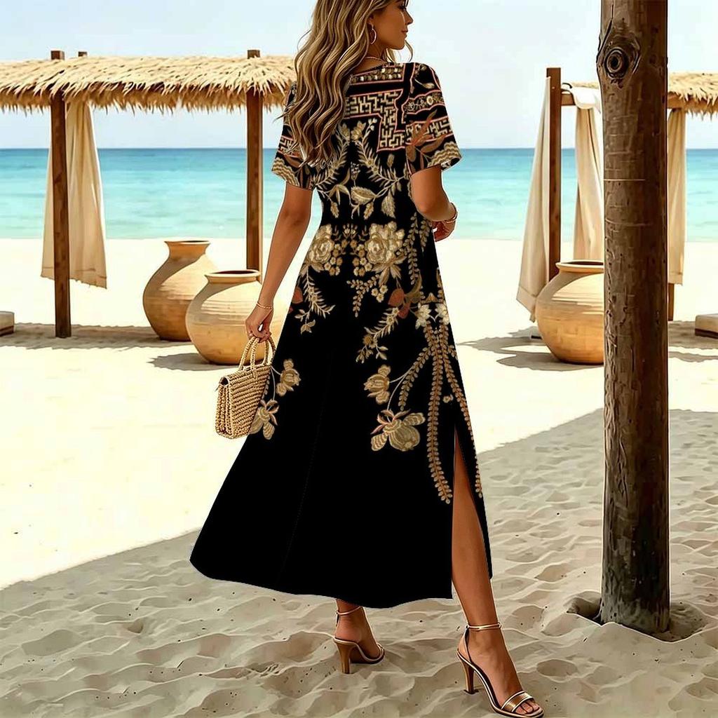 Women Fashion Round Neck Cashew Nut Clan Style Printed Short Sleeve Side Slit Dress Casual Vacation Dress Long Loose Dress