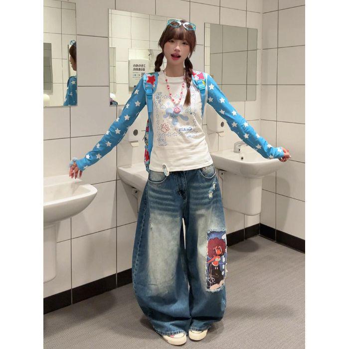 

Женская приталенная футболка с длинным рукавом с принтом звезд - 210г 95% хлопок 40s модал, коллекция ранняя осень L синий