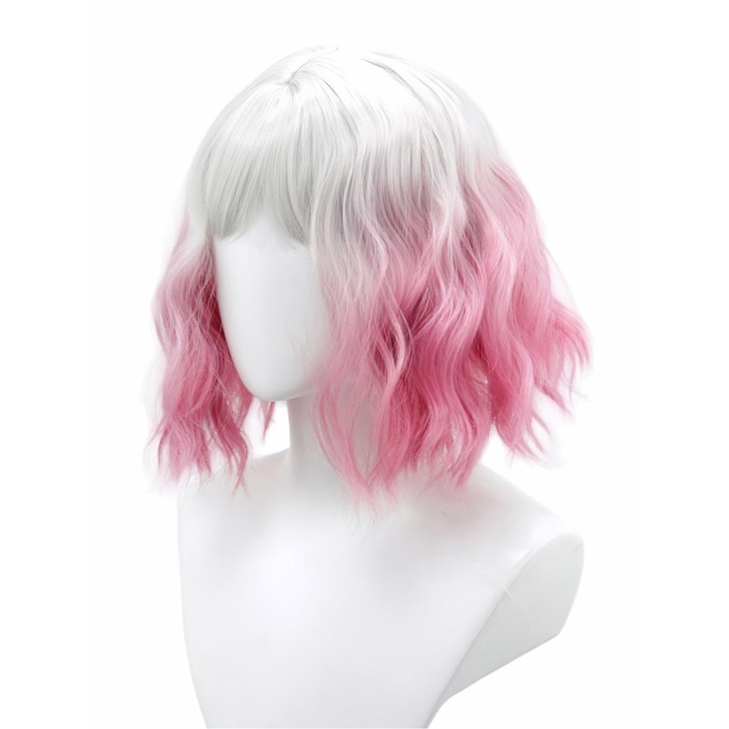 Fantasy White Gray Pink Gradient Air Bangs Chemical Fiber Synthetic Wig | Short Wave Curly Hair |sweet Cool Girl Youth Style Wig