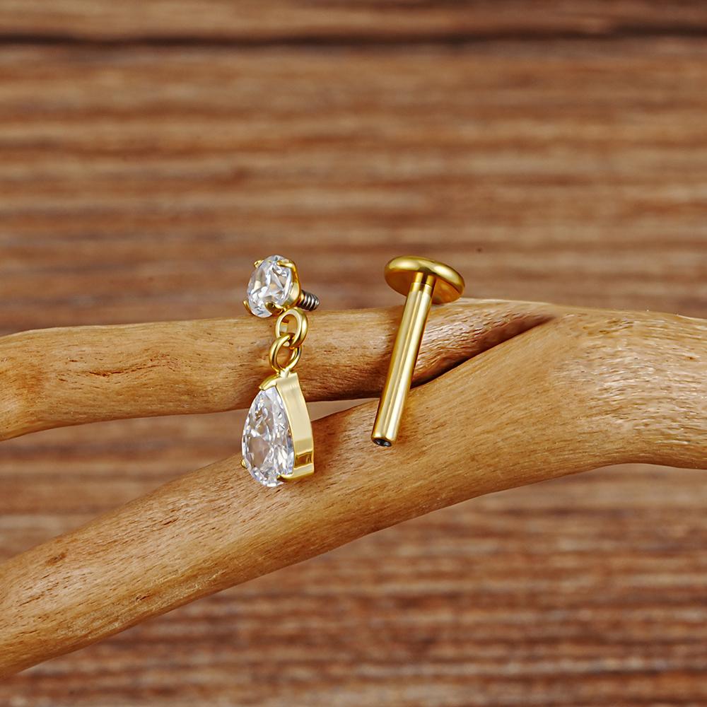 Right Grand ASTM F136 Titanium 16G Teardrop Dangle CZ Labret Stud Waterdrop Tragus Cartilage Earring Flatback Helix Piercing
