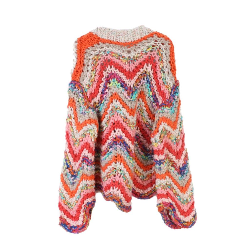 Women's Rainbow V-Neck Knitted Cardigan: Autumn/Winter European & American Style, Thick & Loose Fit.