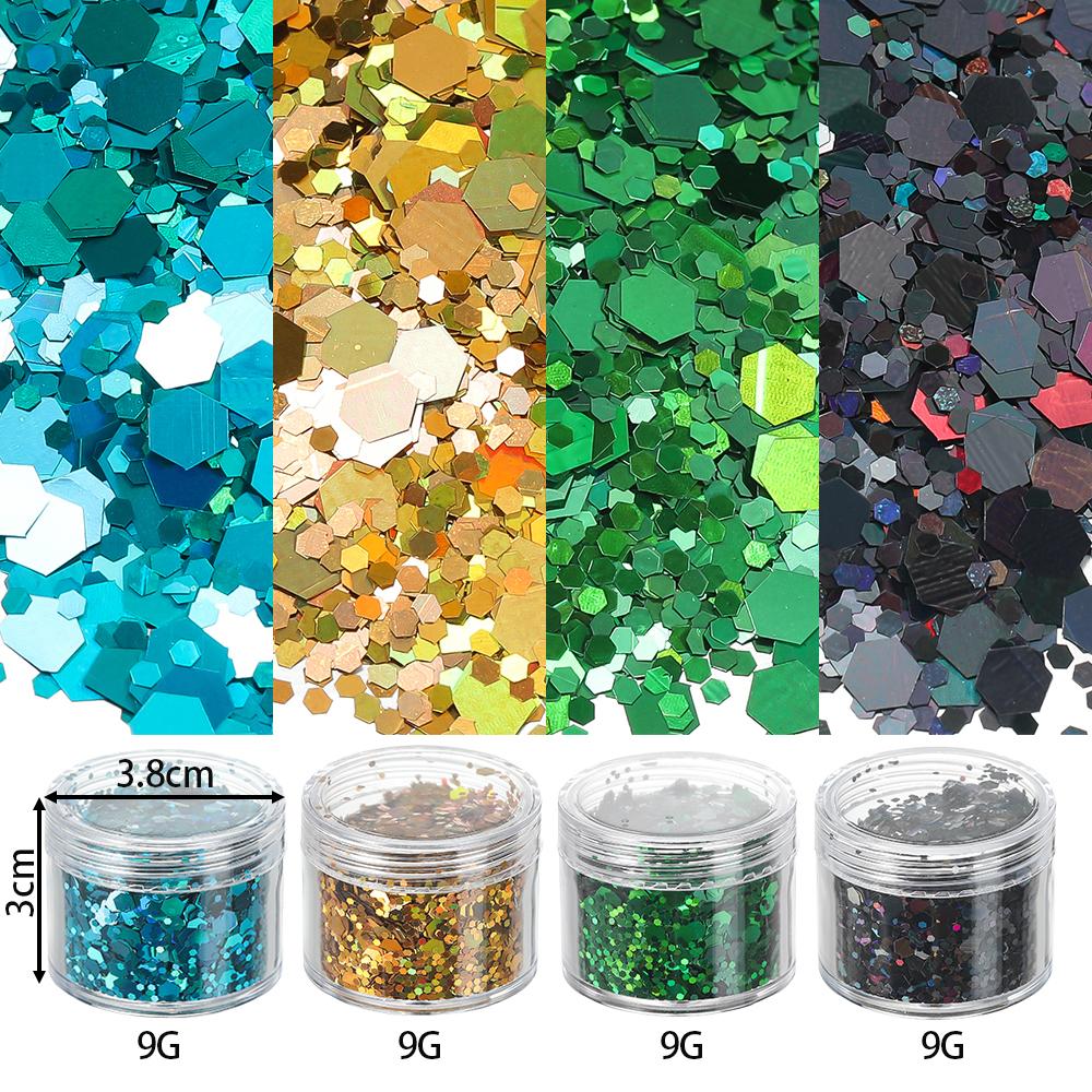 4 Flessen/Set Holografische Zeshoekige Grove Glitter Epoxy Hars Vulvlokken Laser Pailletten voor DIY Epoxy Hars Nagelkunst Vullingen