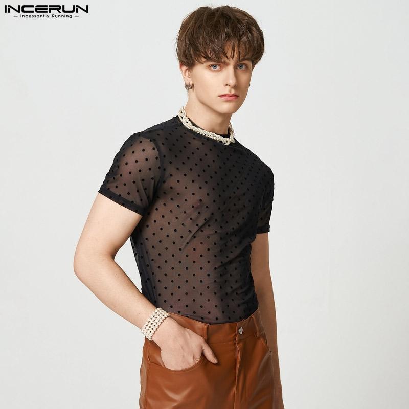 

INCERUN Летние мужские прозрачные сетчатые топы в горошек, прозрачные тонкие