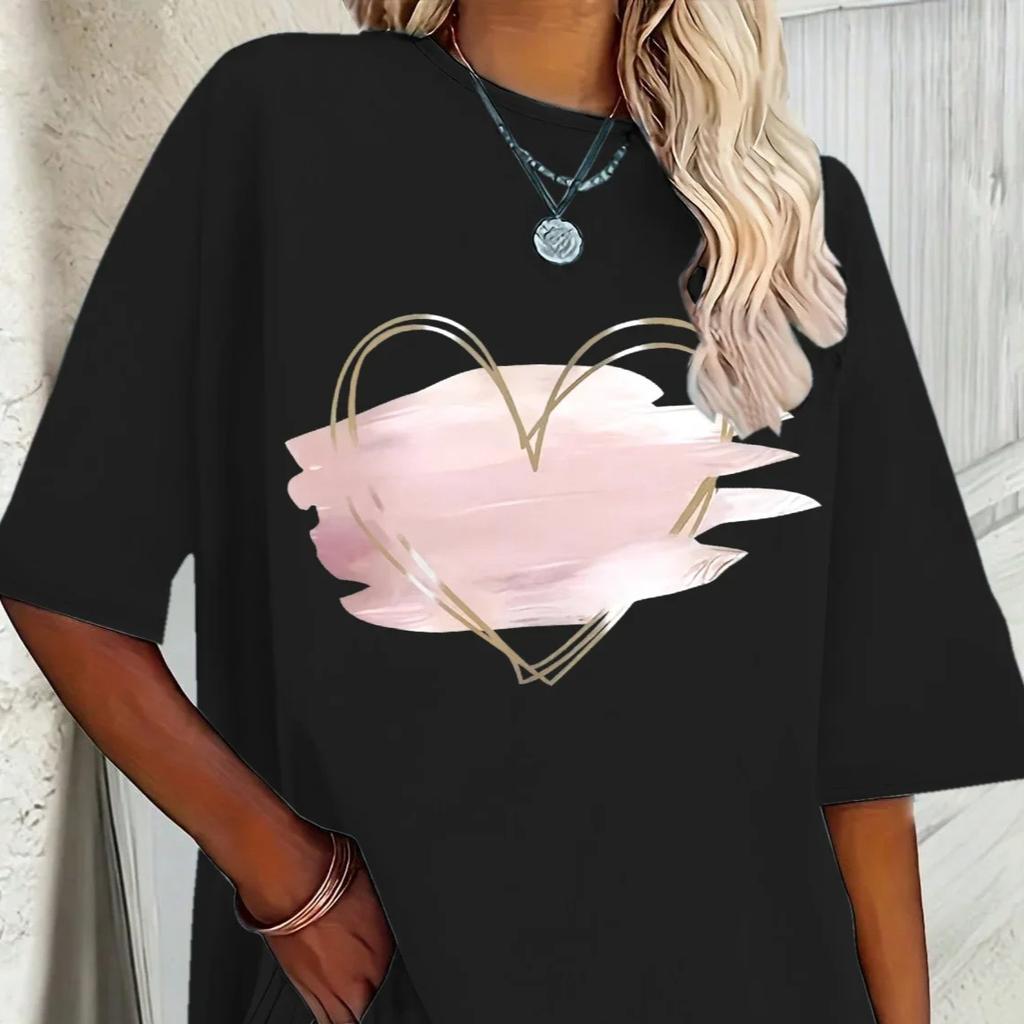 Women's New Pink Heart-shaped Elegant Printed T-shirt Spring and Summer Leisure Round Neck Short Sleeve Tops Aesthetic Clothes