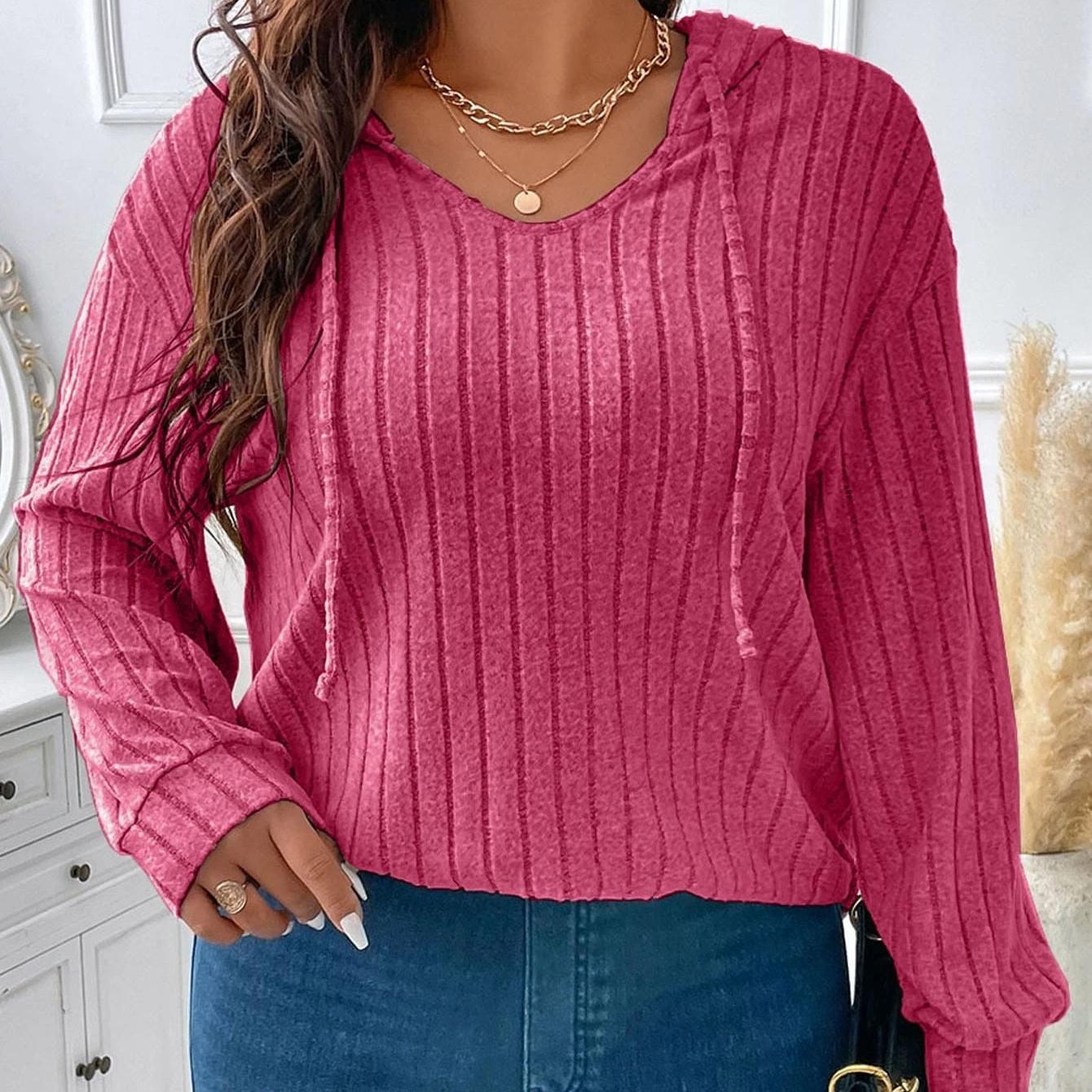 

GMXIA женская модная повседневная меховая футболка с капюшоном в полоску, однотонный принт, осень-зима, свободные свитера с длинными рукавами и v-образным вырезом 5XL розовый