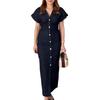 Women's Maxi Denim Dress Button Down Short Sleeve Long Jean Dress
