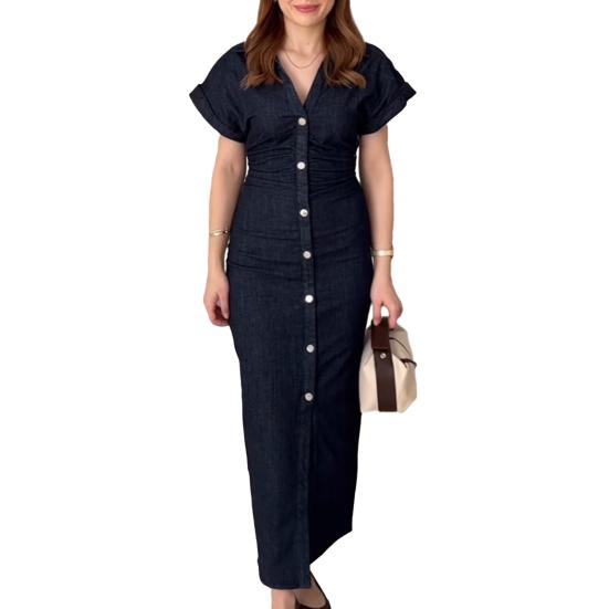Women's Maxi Denim Dress Button Down Short Sleeve Long Jean Dress