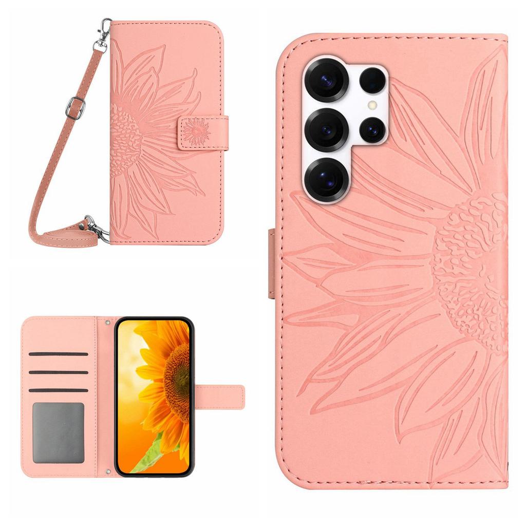 For Samsung Galaxy S26 Ultra Wallet Case Sunflower Imprinted PU Leather Phone Stand Cover with Shoulder Strap