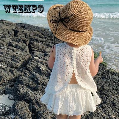Mädchen Anzug Sommer Dünne Koreanische Version Aushöhlen Spitze Backless Anzug Hemd Shorts Zwei Stück Set Casual Anzug Für Kinder