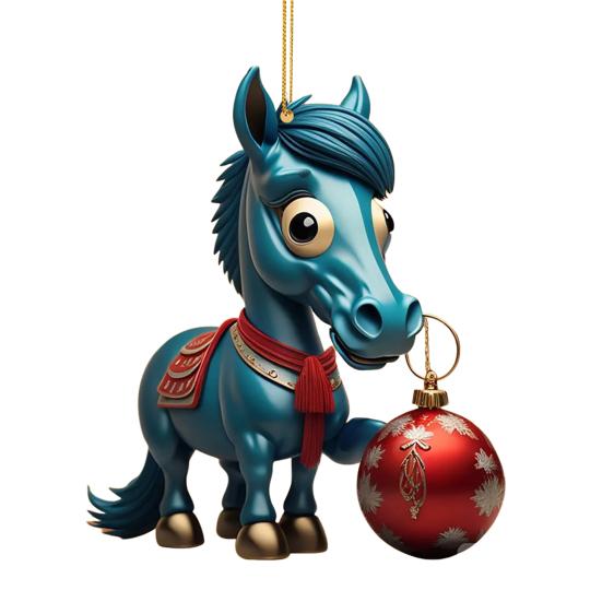 Horse Christmas Ornament Cartoon 2D Flat Horse Hanging Ornament with Santa Hat And Christmas Balls Acrylic Car Rear View Mirror Charm