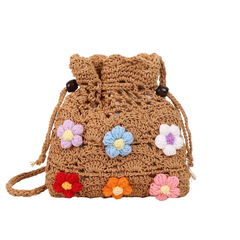 Crossbody Cotton Thread Knitted Bag New Versatile Hollow Flower Bucket Bag Vacation Beach Women's Bag