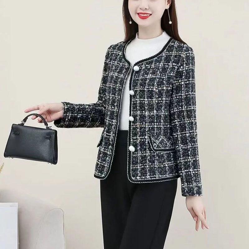 Jarní a podzimní móda pro ženy středního věku, krátký kabát ve stylu malé vůně, houndstooth, pro matku, kulatý výstřih, kardigan, top
