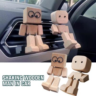 Creative Car Interior Decoration Shaking Wooden Man Auto Aromatherapy Ornament Healing Gift Stress Relieving Wooden Car Decor