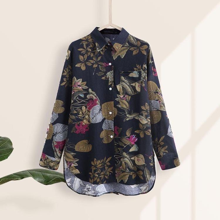 Comfortable Casual Loose Fit Blouse  Long Sleeve Printed Cotton Linen Top