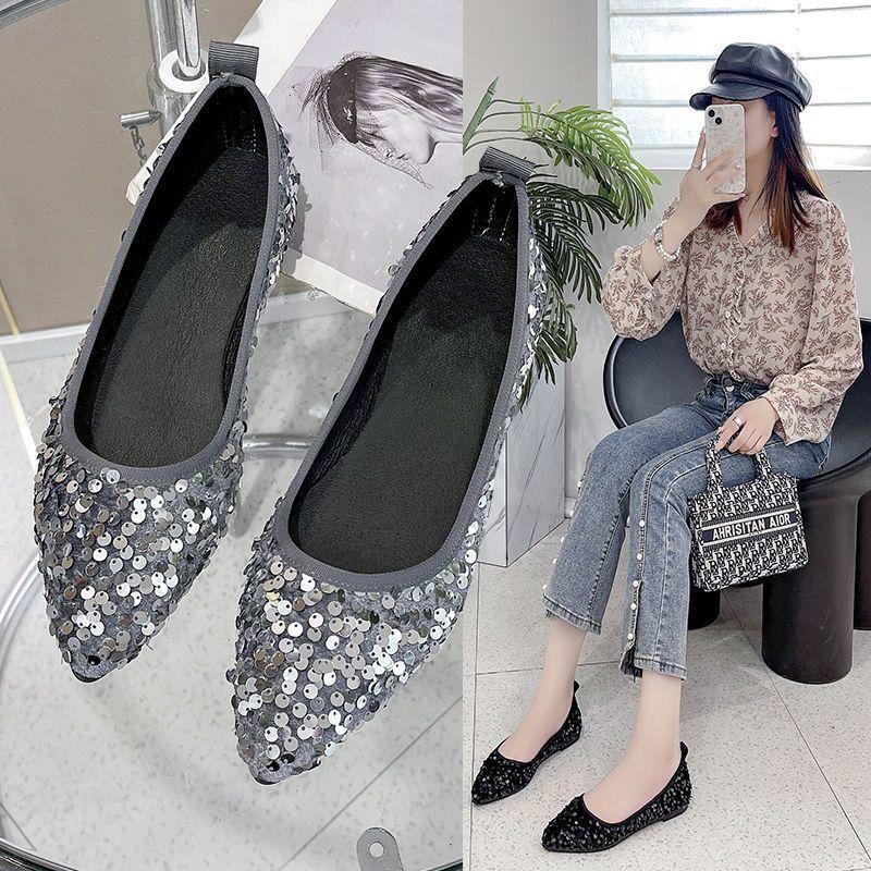 Ladyshoes small fragrant soft sole comfortable sequins temperament versatile flat single shoes women's 2025 fashion new Korean plate pointed head
