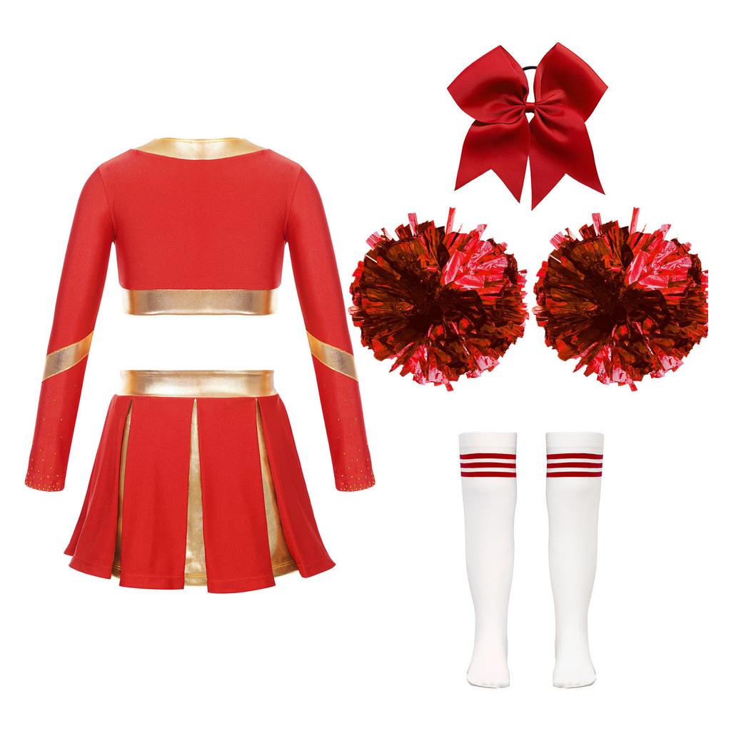 Cheerleading-Wettkampf-Set für Mädchen, langärmelig, bauchfreies Top, Faltenrock, Schleife, Stirnband, Kniestrümpfe, Pompom-Zubehör