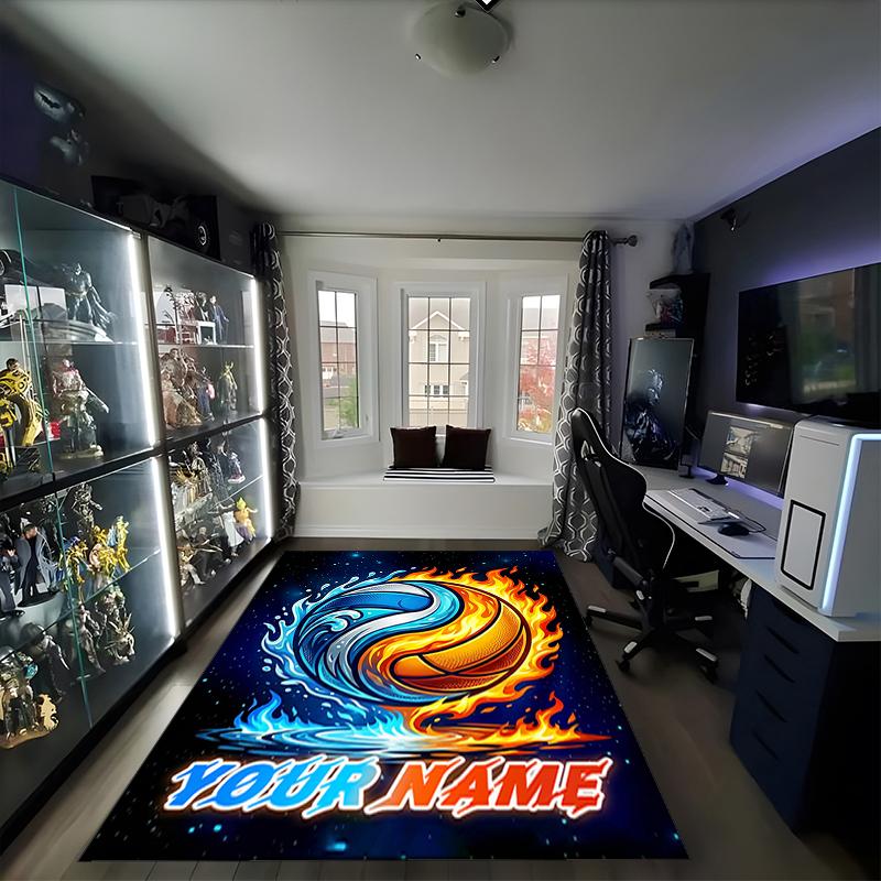 1PC Custom Name "Flame Water Basketball" Theme Floor Mat Ideal for Living Room, Game Rooms, Office, Bedroom, Office Floor Mat , Floor Mats for Home