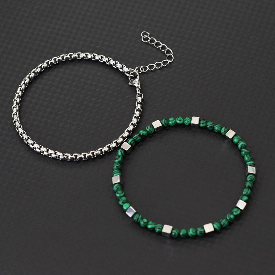 Stylish 2Pcs Men Bracelet Set 4mm Stainless Steel Cuban Chain Braslet Square Hematite Stone Healing Braclet Cycling Accessories