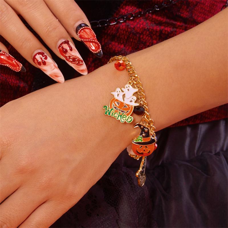 Halloween-Serie Fliegende Katze Skelett Geist Anhänger Armbänder für Damen Handgemacht Dicke Kette Charm-Armband Party Schmuck Geschenke
