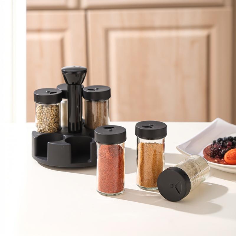 6-Jar Rotating Spice Rack Set Countertop Seasoning Container Organizer for Home Kitchen Cooking Storage Use