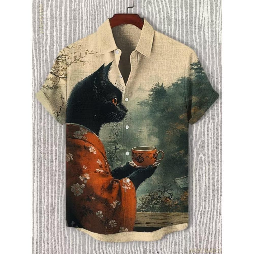 2026 Summer New Men's Polo Short sleeved Shirt Armored Warrior Black Cat Printed Short sleeved Shirt Trendy Casual Shirt