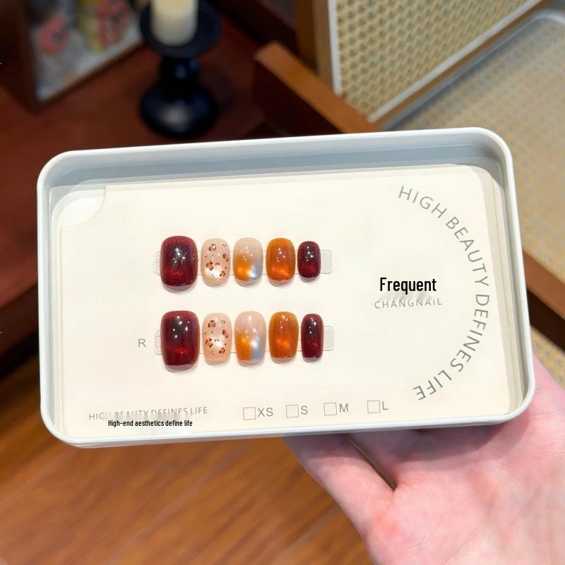 Brown Leopard Print Cat Eye Nail Art - Elegant Amber Maillard Color Palette M - Plump Hand with Toolkit