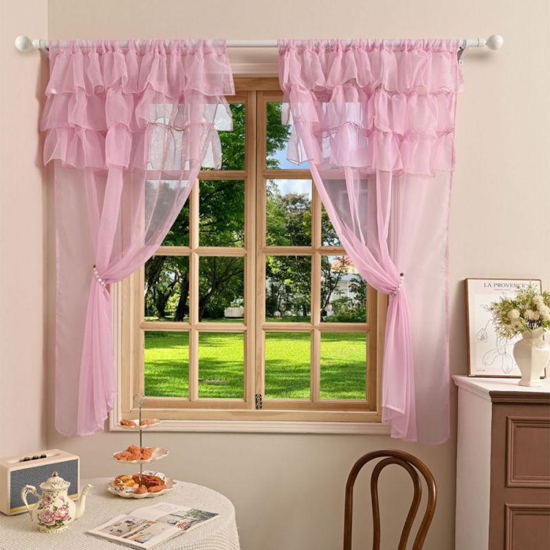 2pcs Sheer Lace Curtains with Pleated Ruffles Gauze Curtain