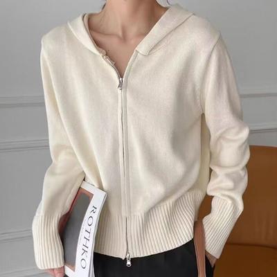 Ανοιξιάτικη Ζακέτα Πλεκτή Καρντιγκάν Γυναικεία Σχεδιαστική Αίσθηση 2023 Μακρυμάνικη με Κουκούλα Μονόχρωμη Διπλό Φερμουάρ Πλεκτή Καρντιγκάν Γυναικεία Μπλούζα