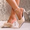 Women's Plush Mules High Heels  Metal Decoration, Pointed Toe Stiletto Sandals, Patent Leather Slippers, Fur Decoration, Sexy