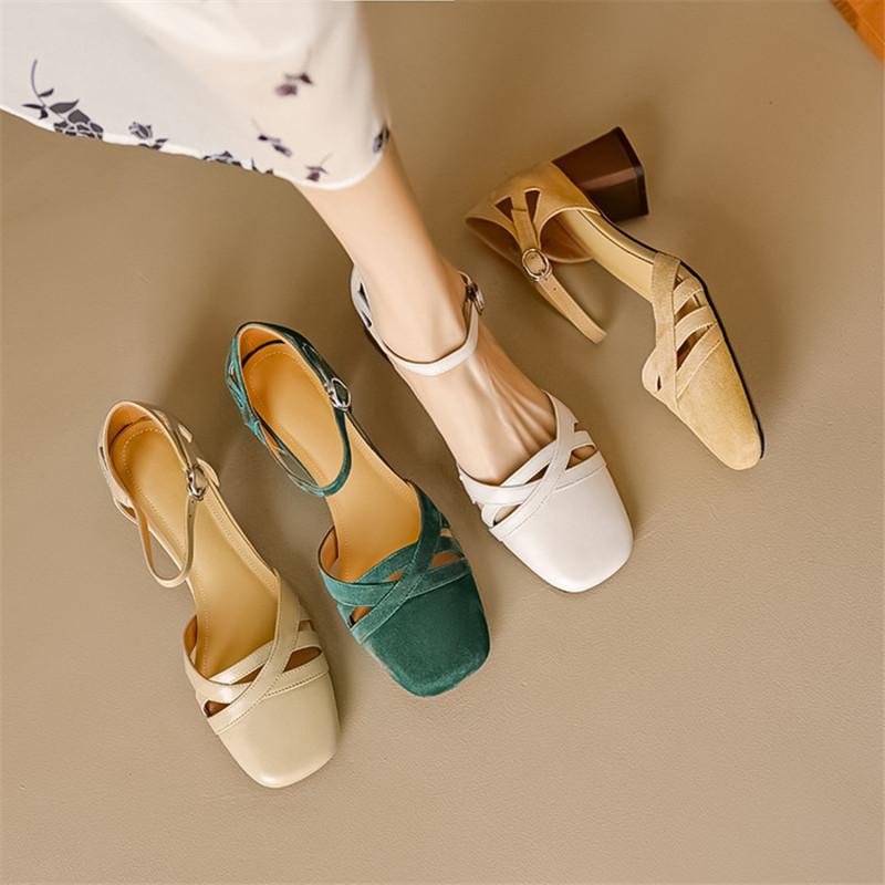 Fashion New Summer Sandals Cover Toe Sandals for Women Sheep Suede Sandals Fashion Retro Square Toe Chunky Heels Women Gladiator Shoes