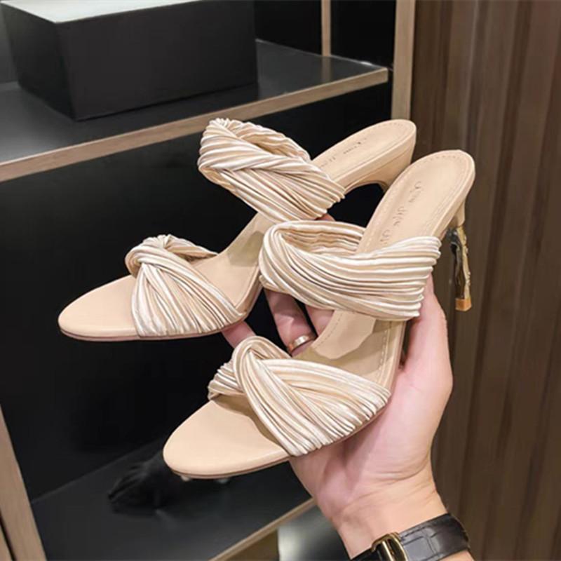 Fashion Elegant Satin Designer Women Slippers Sexy Open Toe Thin Stiletto Heel Slide Sandals Summer Fashion Party Dress Shoes Sandalias