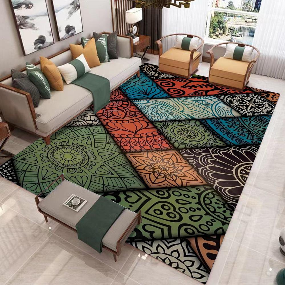 Bohemian Mandala Floral Carpet With Colorful Geometric Collage Design Retro Art Style NonSlip Rug For Living Room Sofa Area