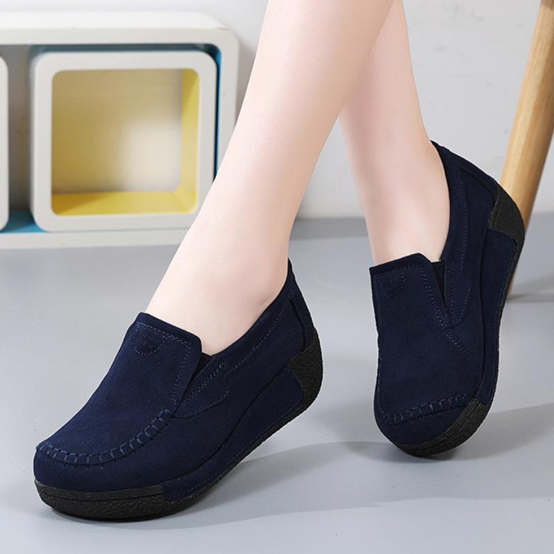 Fashion Platform Shoes Genuine Leather Wedge Heels Casual Shoes Slip-on Loafers Daily Walking Shoes