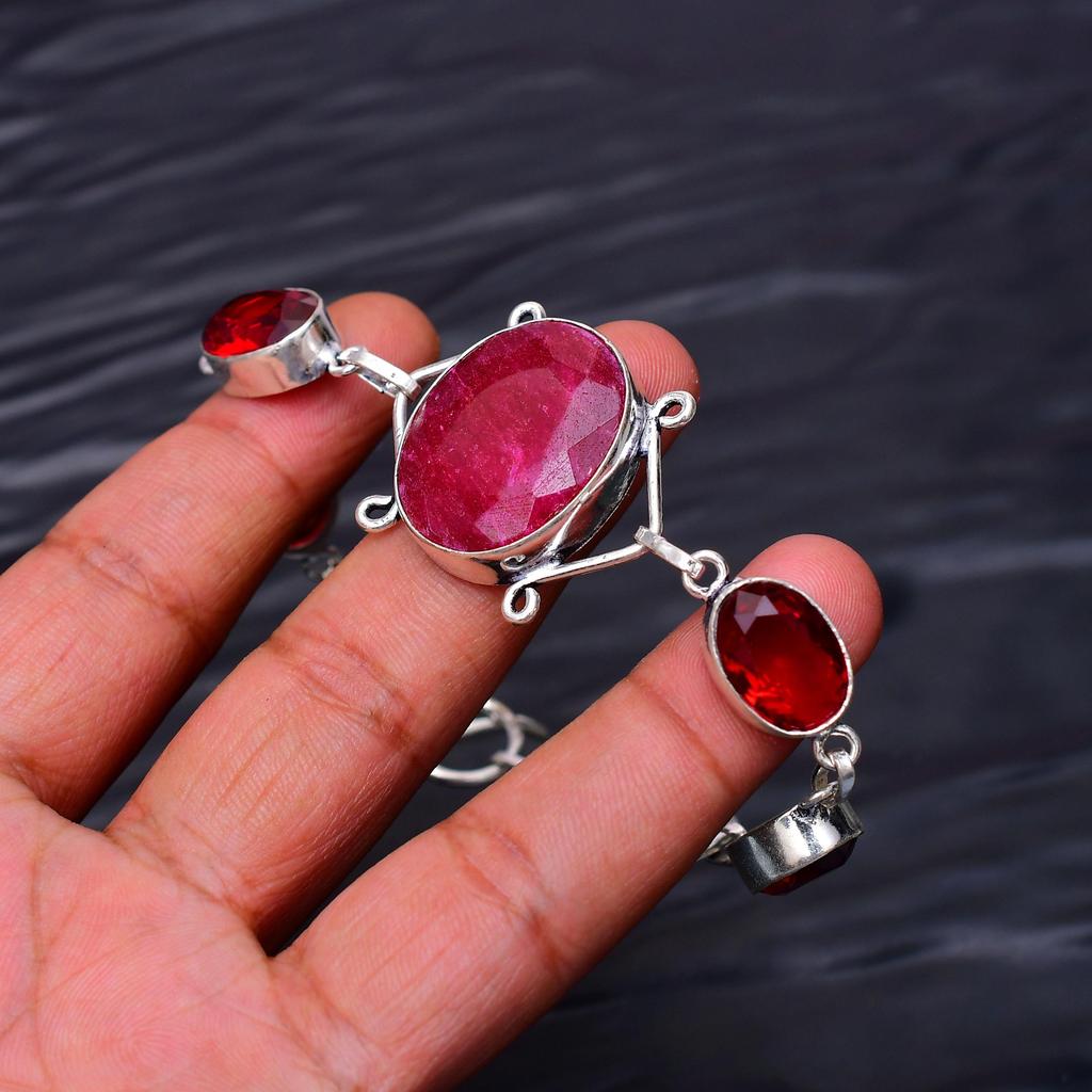 Pierre précieuse Rubis & Grenat : Bracelet Bijou en Argent Sterling 925 Fait Main Multi-Pierres Précieuses